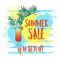 Summer Sale up to 50 % off banner with cocktail and decor elements. Trendy texture. Season vocation, weekend, holiday logo. Summer Time Wallpaper. Happy shiny Day. Modern vector Lettering. Vector.