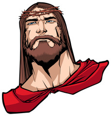 Portrait of Jesus Christ wearing red cape like a superhero, and looking at you with serious expression.