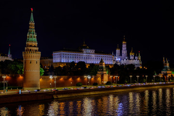Fototapeta premium Landscape with night view on Moscow river and Kremlin.