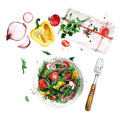 Fresh Salad. Watercolor Illustrations. - 216701599