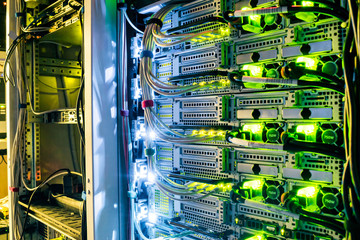  Network routers of ISP. Many wires connect to the network interfaces of powerful Internet servers....