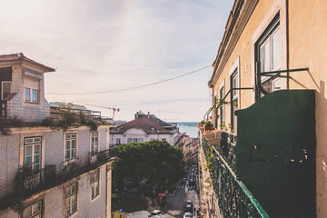 Beautiful balcony with flowers in the center of Lisbon, Portugal.