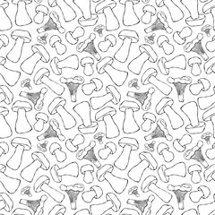 Chanterelle, Boletus or Porcini and Aspen Mushroom Seamless Endless Pattern. Autumn or Fall Harvest Collection. Realistic Hand Drawn High Quality Vector Illustration. Doodle Style.