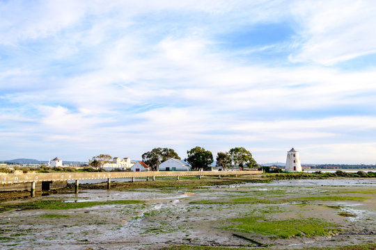 Moinho grande in Barreiro , Lisbon, Portugal.  White tidal mill, ruin from 15th century.  Swamp.