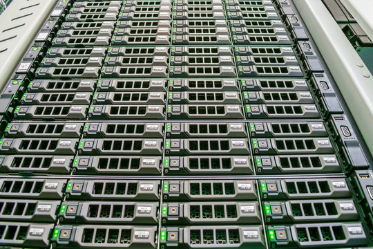 Disk storage is in the server room.Server farm. Powerful computer equipment is installed in the rack. Modern Data Center