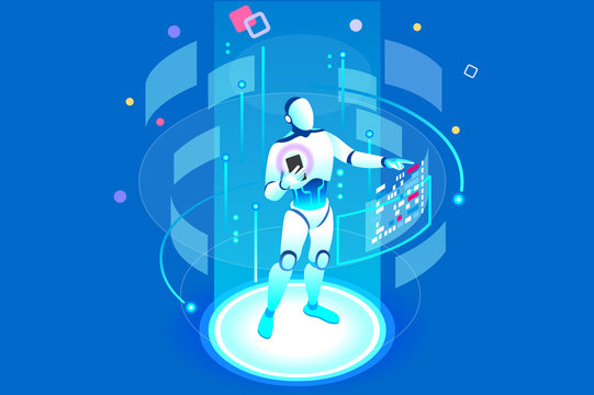 Vr, virtual augmented reality and futuristic banking concept with characters. Gadget of the future, smartphone tech for payment. Flat Isometric character vector illustration.
