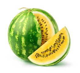 Isolated watermelon. One watermelon of yellow variety with a cut out slice isolated on white background with clipping path