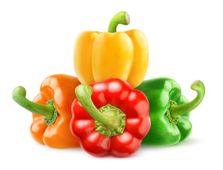 Isolated peppers. Four bell peppers of various colors (red, green, orange, yellow) in a pile isolated on white background with clipping path - Powered by Adobe
