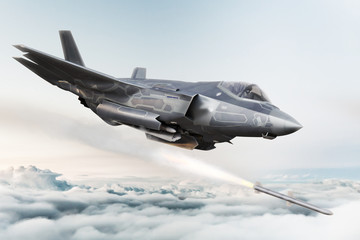 F35 samolot wojskowy strzela pociskami rakietowymi. Rendering 3d - obrazy, fototapety, plakaty