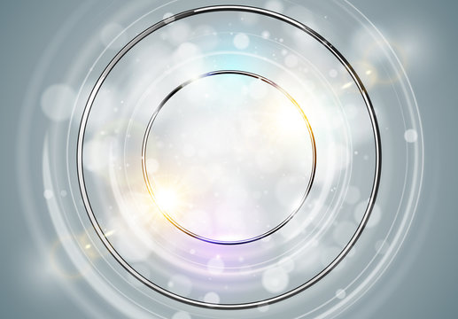 Abstract ring background. Metal chrome shine round frame with light circles and spark light effect. Vector sparkling glowing stainless steel cover. Space for your message.