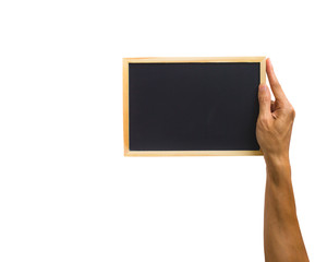 Close-up of hand holding small chalkboard isolated on white background. Clipping path of hand holding object against white background.