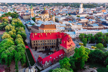 aerial view of old european city on sunset