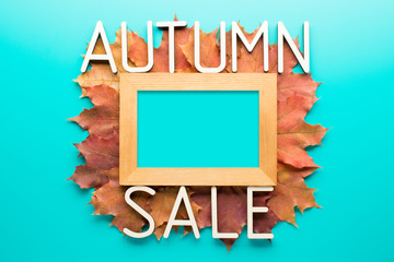 Wooden frame with autumn sale word in leaves