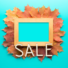 Wooden frame with sale word in leaves