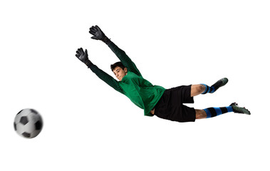 Young soccer goalkeeper isolated on the white background with soccer ball