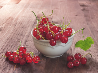 Fresh red currant in white ceramic plate on wood background