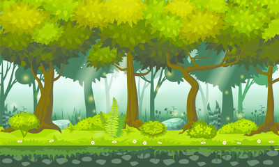 Cartoon illustration of background forest. Bright forest woods, silhouttes, trees with bushes, ferns and flowers. For design game, apps, websites. Vector, cadroon style, isolated