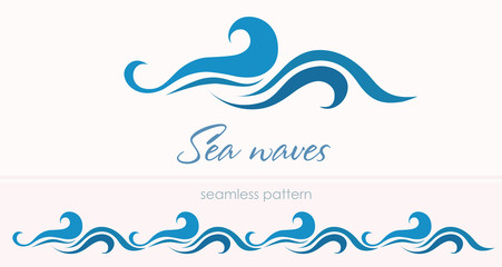 Marine seamless pattern with stylized waves on a light backgroun
