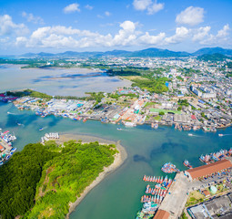Fototapeta premium aerial view above Siray fishing port in Phuket