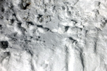 dirty grey white snow with pits surface closeup