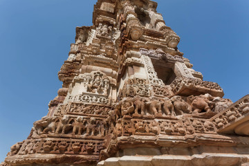 Carved structure of 12th-century tower Kirti Stambha, Tower of Fame, in Chitaurgarh. UNESCO heritage site in Rajasthan of India.