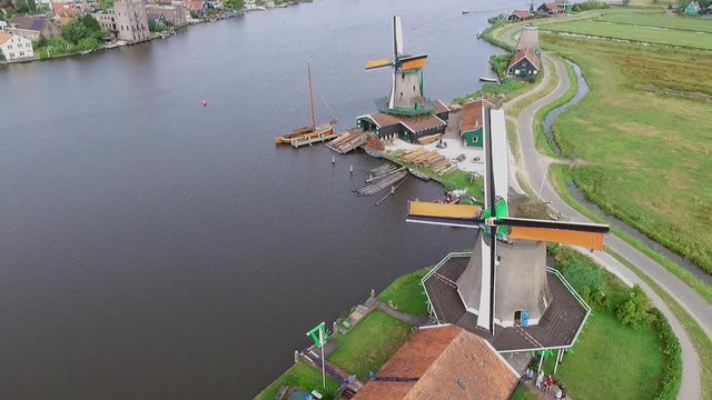Aerial view on the windmills in Zaanse Schans.