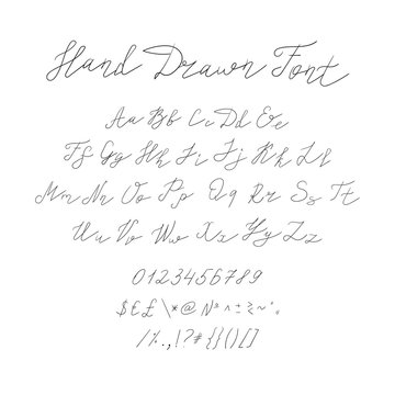 Vector Hand Drawn Font, Calligraphic Handwritten Typeset, Black Sketched Lines on White Background.