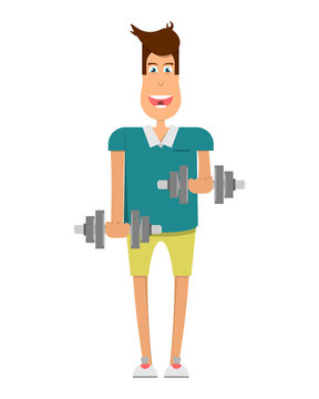 man goes in for sports,sports equipment to practice weightlifting,metal dumbbells,healthy lifestyle, vector image, flat design, cartoon character