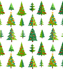 Christmas seamless pattern with blue trees and decorations. Cartoon background for prints, textile, gifts etc. Vector illustration
