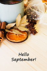 Autumn, fall leaves, hot steaming cup of glint wine