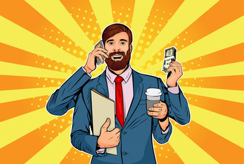 Hipster businessman with beard and many hands business concept of time management and multitasking. Retro style pop art vector illustration