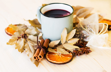 Autumn, fall leaves, hot steaming cup of glint wine