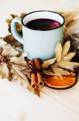 Autumn, fall leaves, hot steaming cup of glint wine