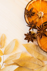 Anise, dry leaves and orange ingredients for preparation wine