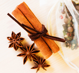 Anise, cinnamon, pepper and ingredients for preparation wine