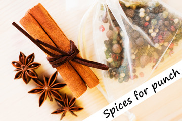 Anise, cinnamon, pepper and ingredients for preparation wine