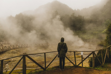 Gases and water and sulfur vapour from the hot springs near the lake of furnas in the island of Sao Miguel Azores, Portugal