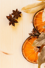 Anise, dry leaves and orange ingredients for preparation wine