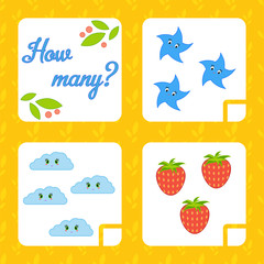 Counting game for preschool children for the development of mathematical abilities. Count the number of objects in the picture. With a place for answers. Simple flat isolated vector illustration.