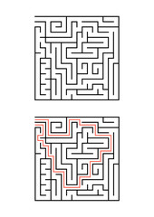 A square maze for children. Simple flat vector illustration isolated on white background. With the answer.
