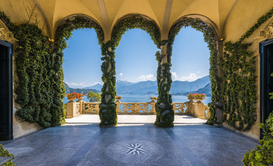 Scenic balcony overlooking Lake Como in the famous Villa del Balbianello, in the comune of Lenno....