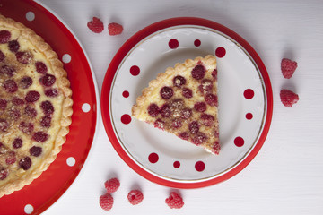 Sand cake with curd filling and raspberries