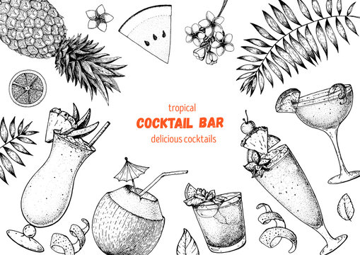 Alcoholic cocktails hand drawn vector illustration. Cocktails sketch set. Engraved style. Pina colada, sidecar, singapore sling and man tai.
