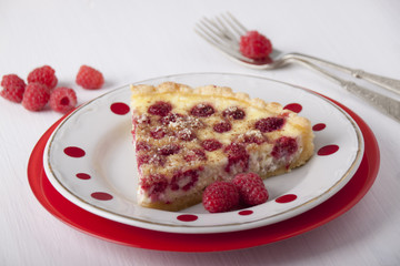 Sand cake with curd filling and raspberries