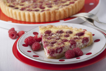 Sand cake with curd filling and raspberries
