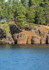Lake with blue water and pine trees growing on the shore of the lake