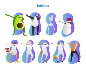 Dabbing vector illustration. Avocado, panda, skeleton and snowman Frosty is dropping head in bent crook. Chicken, unicorn and human is showing famous hiphop dance move.