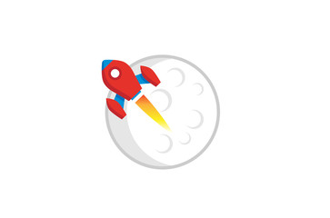 Creative Red Rocket Gray Planet Moon Smoke Logo Design Illustration