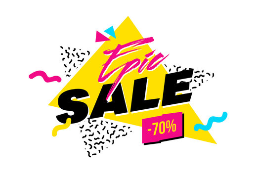 Vector memphis style banner with New Arrival label. Bright geometric shapes and textures. 90s or 80s design template ready to be used in poster, email or advertisement.