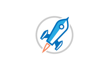 Creative Blue Rocket Gray Planet Logo Design Illustration